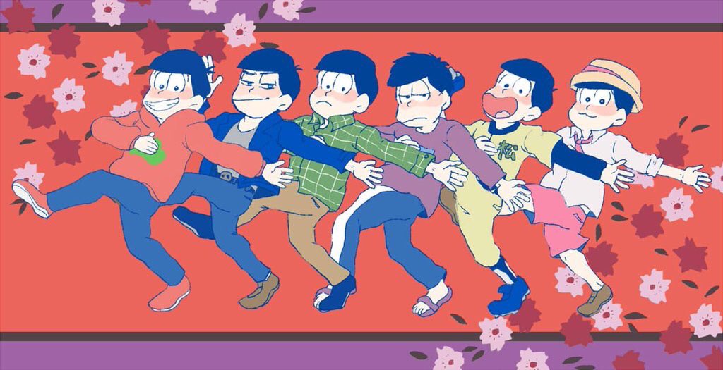 6+boys bowl_cut brothers facial_hair hood hoodie male_focus matsuno_choromatsu matsuno_ichimatsu matsuno_juushimatsu matsuno_karamatsu matsuno_matsuzou matsuno_osomatsu matsuno_todomatsu messy_hair multiple_boys necktie osomatsu-kun osomatsu-san pants parody salute sandals sextuplets siblings single_vertical_stripe smile sweatshirt track_pants two-finger_salute