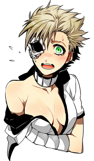 1girl amiya arrancar bleach blonde_hair blush breasts cleavage eyepatch green_eyes menoly_mallia open_mouth short_hair simple_background solo undressing white_background