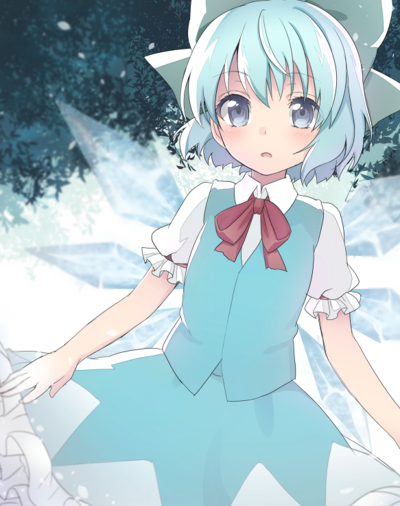 1girl arms_at_sides asa_(coco) blue_dress blue_eyes blue_hair blurry blush bow cirno dress hair_between_eyes hair_ornament hair_ribbon ice ice_wings open_mouth puffy_short_sleeves puffy_sleeves red_bow ribbon shirt short_hair short_sleeves skirt skirt_set snowing solo touhou triangle_print vest wings
