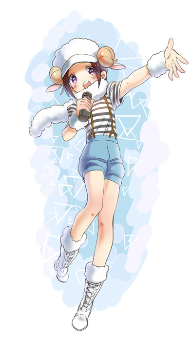 1boy animal_hat black_hair blush boots hat idolmaster idolmaster_side-m male_focus microphone okamura_nao open_mouth rice_(rice8p) scarf sheep_hat shirt short_hair shorts smile solo striped striped_shirt suspenders violet_eyes