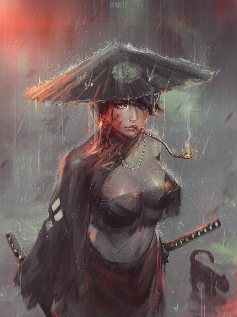 1girl animal artist_name ashes bandeau black_bra black_cape black_fur black_hair black_skirt blood blood_on_face bra breasts cape cat chinese_clothes cleavage falling_leaves fire food fruit glowing grey_skin guweiz hat highres holding holding_fruit injury jewelry katana large_breasts looking_at_viewer midriff motion_blur mouth_hold navel necklace orange_hair outdoors pearl_necklace rain see-through sheath sheathed short_hair skirt smoke smoking solo sword underwear unsheathed water weapon wet