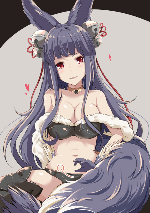 1girl animal_ears bell blush breasts cleavage fox_ears fox_tail gloves granblue_fantasy hair_bell hair_ornament jingle_bell kichi8 long_hair looking_at_viewer midriff navel open_mouth purple_hair red_eyes smile solo tail thigh-highs yuel_(granblue_fantasy)