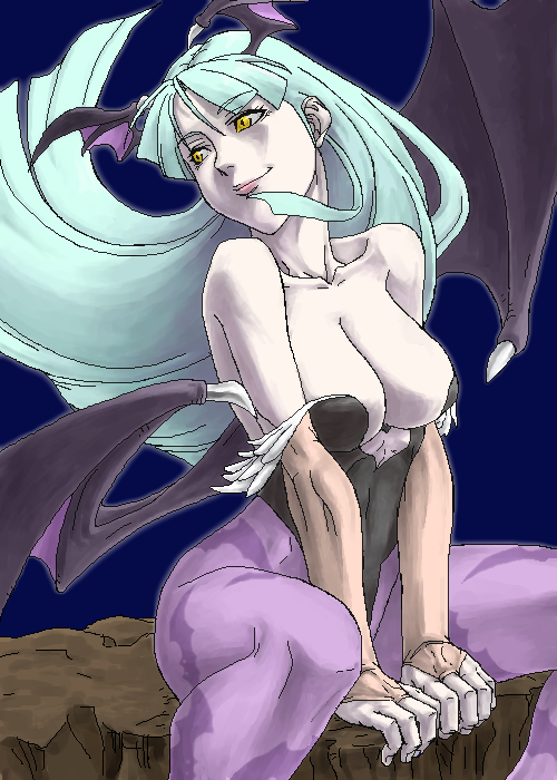 1girl aqua_hair bare_shoulders bat_print bat_wings between_legs breasts bridal_gauntlets cleavage demon_wings floating_hair green_hair head_wings heart_cutout leotard long_hair looking_away morrigan_aensland oekaki pantyhose print_legwear purple_legwear sitting solo vampire_(game) wings yellow_eyes zya_pck