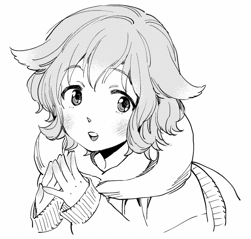 1girl atra_mixta blush cutiebell fingers_together greyscale gundam gundam_tekketsu_no_orphans hood hoodie long_sleeves looking_at_viewer monochrome open_mouth screentones short_hair simple_background sleeves_past_wrists smile solo wavy_hair white_background