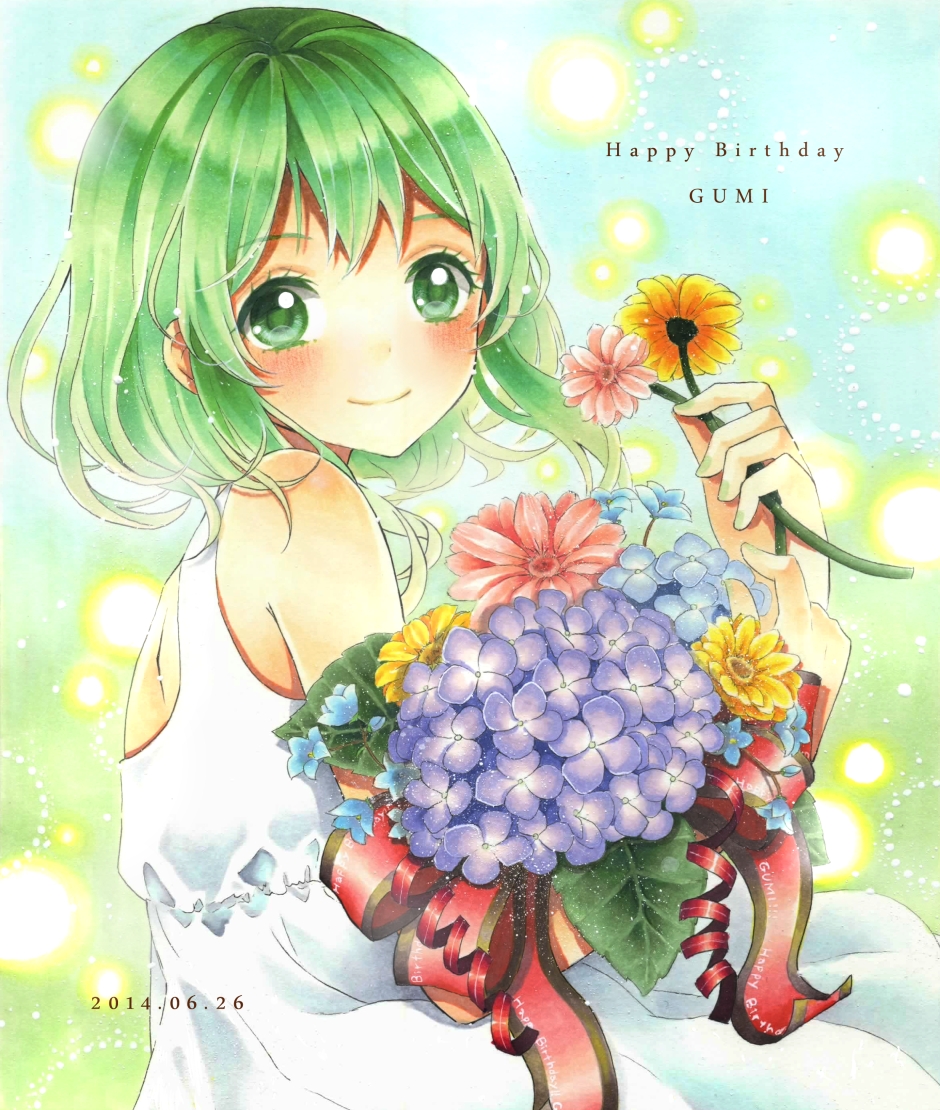 1girl artist_request bare_shoulders blue_background blush bouquet character_name cowboy_shot dated dress flower glowing gradient gradient_background green_background green_eyes green_hair green_nails gumi happy_birthday holding holding_flower leaf looking_at_viewer marker_(medium) nail_polish plant short_hair simple_background sleeveless sleeveless_dress smile solo sundress traditional_media vocaloid white_dress