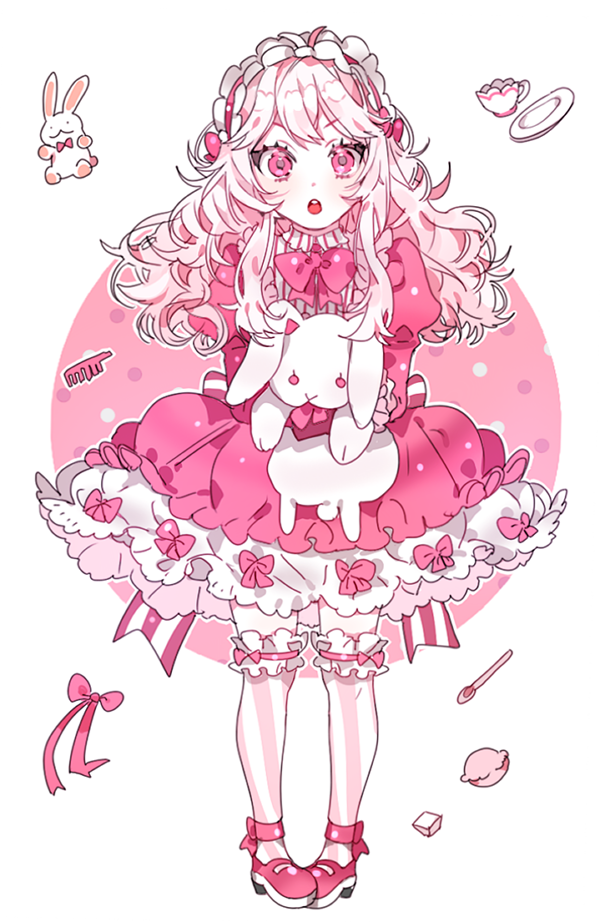 1girl comb cup full_body headdress lolita_fashion long_hair looking_at_viewer mary_janes open_mouth original pink_eyes pink_hair piyo_(ppotatto) saucer shoes solo stuffed_animal stuffed_bunny stuffed_toy sweet_lolita teacup teeth thigh-highs