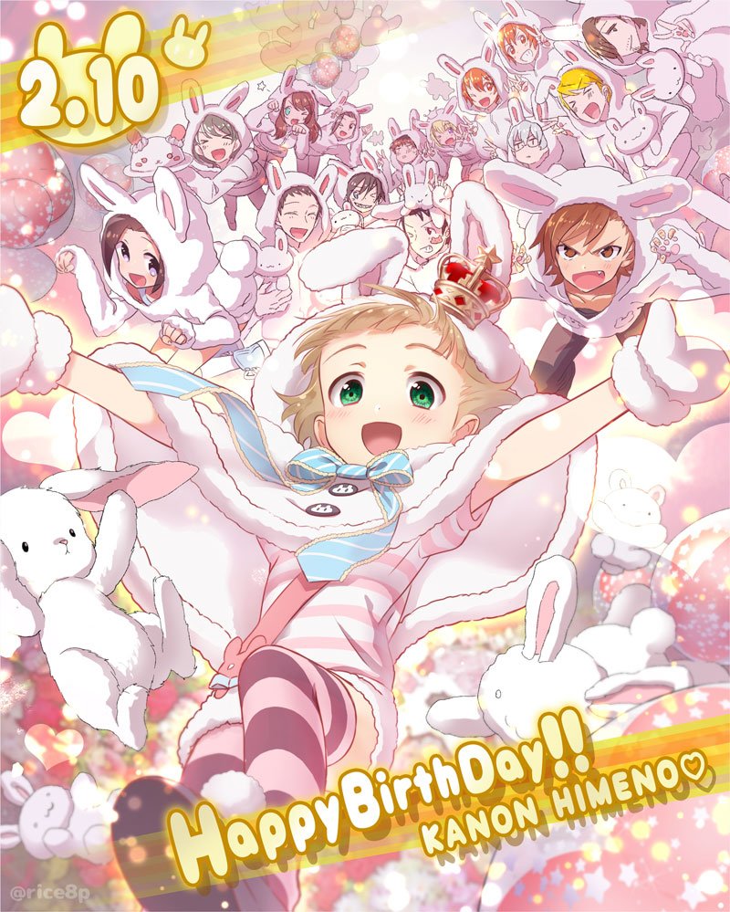 &gt;_&lt; 6+boys animal_hood aoi_kyosuke aoi_yusuke asselin_bb_ii beit black_hair blonde_hair blush brothers brown_eyes brown_hair bunny_hood bunny_pose cafe_parade character_name closed_eyes crown dated everyone facial_hair fang green_eyes hair_over_one_eye happy_birthday hazama_michio himeno_kanon hood idolmaster idolmaster_side-m kamiya_yukihiro long_hair maita_rui male_focus mittens mizushima_saki mofumofuen multiple_boys okamura_nao one_eye_closed open_mouth orange_eyes orange_hair otoko_no_ko pierre_(idolmaster) rice_(rice8p) s.e.m short_hair shorts siblings smile striped striped_legwear stubble stuffed_animal stuffed_bunny stuffed_toy tachibana_shirou takajou_kyouji thigh-highs twins twintails uzuki_makio violet_eyes w_(idolmaster) watanabe_minori