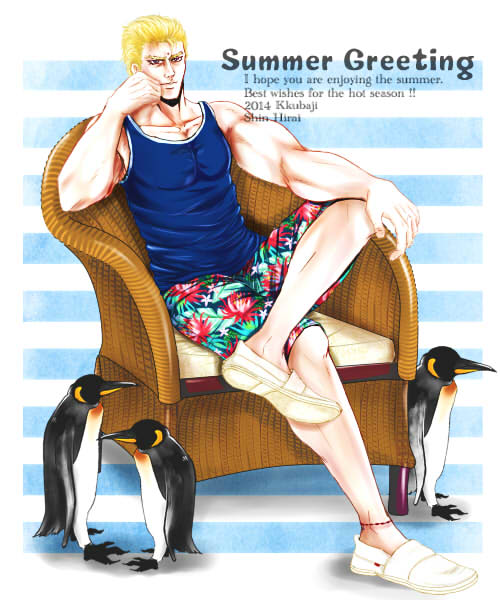 1boy animal bird blonde_hair blue_shirt clenched_hand crossed_legs english flower hand_on_own_face hand_on_own_knee hokuto_no_ken looking_at_viewer male_focus muscle ninnko penguin shirt shoes short_hair shorts sleeveless sleeveless_shirt smile solo souther striped striped_background summer wooden_chair