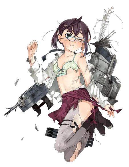 1girl broken_glasses fujikawa glasses kantai_collection machinery multicolored_hair official_art okinami_(kantai_collection) pantyhose torn_clothes torn_pantyhose