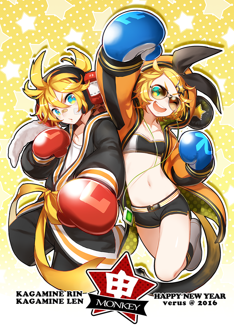 1boy 1girl 2016 ;d animal_hood bandaid bandaid_on_nose blonde_hair blue_eyes boxing_gloves character_name digital_media_player earphones earphones happy_new_year hood hoodie kagamine_len kagamine_rin monkey_hood monkey_tail new_year one_eye_closed open_mouth short_shorts shorts smile star strapless sunglasses towel tubetop verus vocaloid