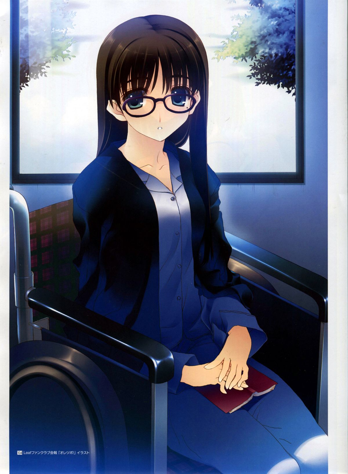 1girl blue_eyes book brown_hair glasses hands_together highres long_hair looking_at_viewer nakamura_takeshi sitting solo wheelchair
