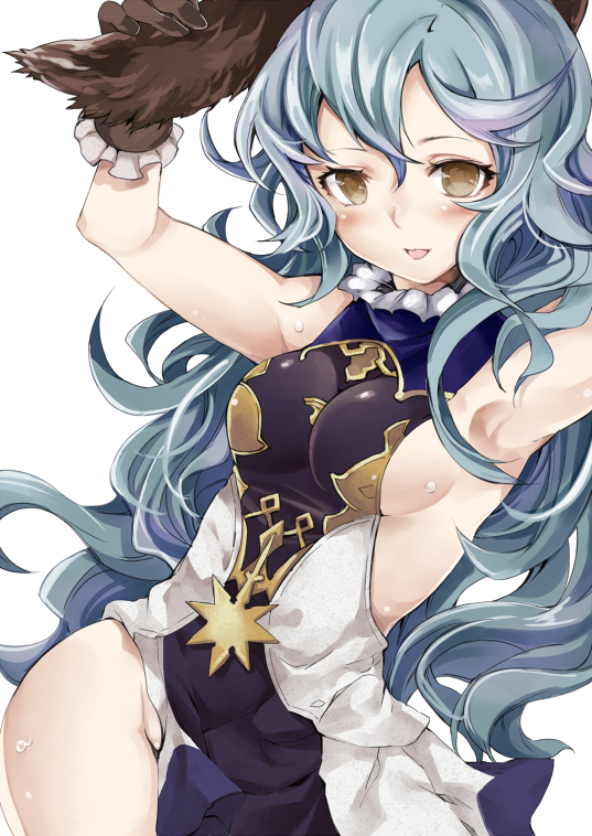 1girl :d animal_ears armpits arms_up atoshi blue_hair blush breasts brown_eyes ferry_(granblue_fantasy) granblue_fantasy long_hair looking_at_viewer open_mouth sideboob smile solo