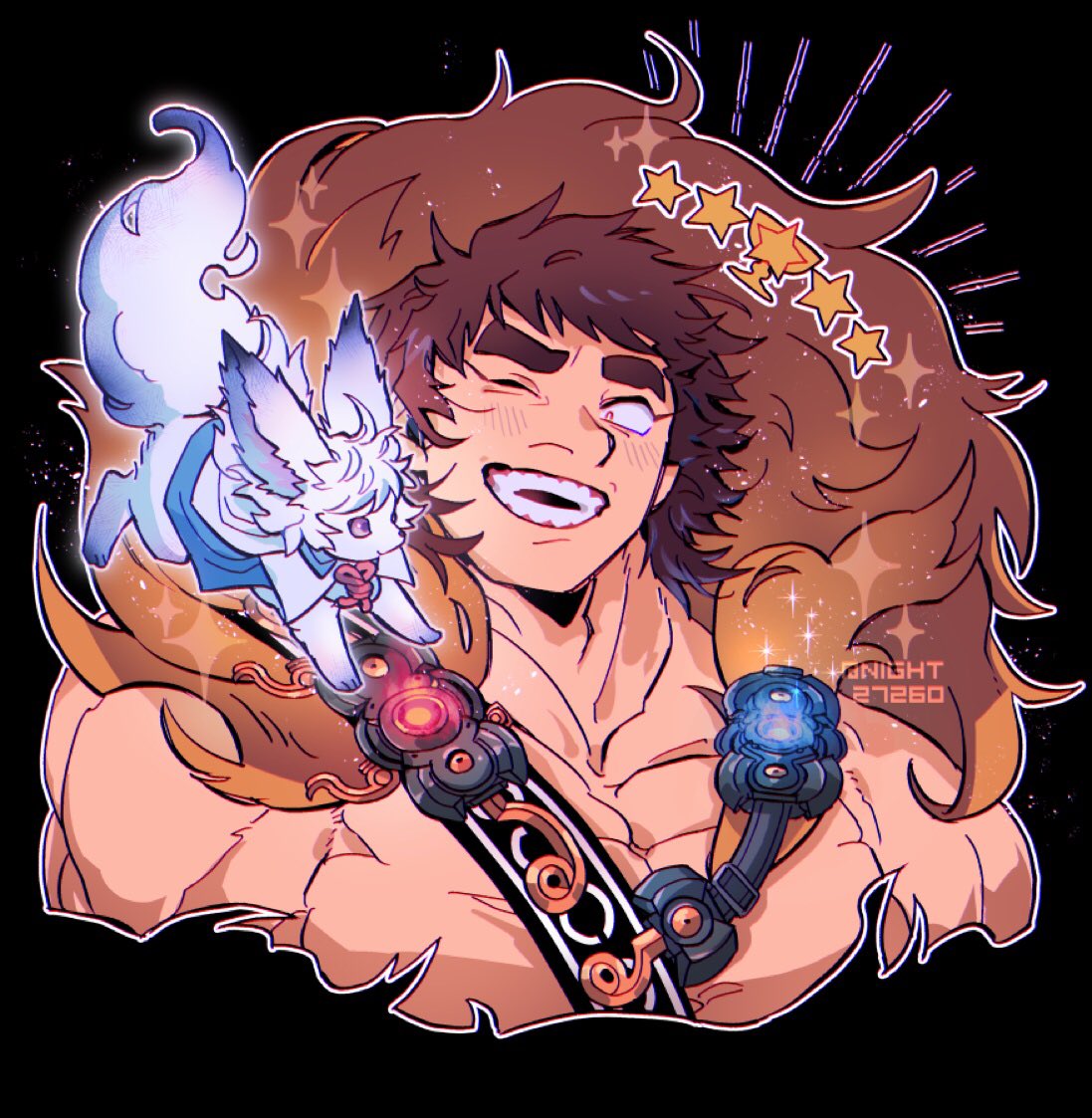 1boy bangs bare_pecs blush brown_hair chest_harness creature cropped_torso fate/grand_order fate_(series) feather_boa fou_(fate) gameplay_mechanics harness holy_grail_(fate) large_pectorals male_focus mature_male messy_hair muscular muscular_male night27260 one_eye_closed orion_(super_archer)_(fate) short_hair smile solo teeth thick_eyebrows