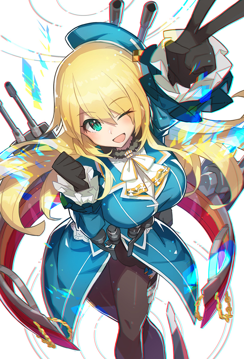 1girl ;d atago_(kantai_collection) bangs beret black_gloves blonde_hair blush breasts frills from_above gloves green_eyes hair_between_eyes hat highres kantai_collection large_breasts long_hair looking_at_viewer military military_uniform one_eye_closed open_mouth pantyhose saitou_naoki smile solo turret uniform v