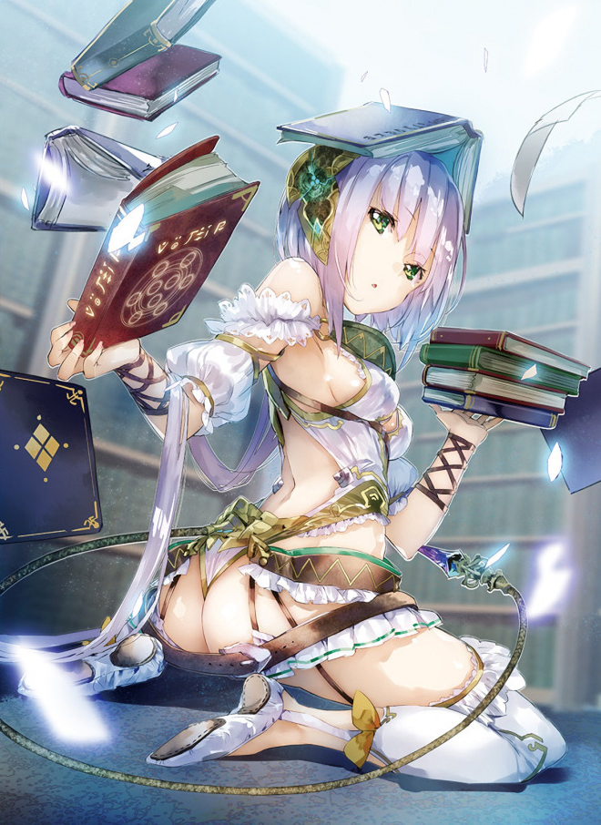 1girl ass atelier_(series) atelier_sophie book bookshelf fake_tail floating_object green_eyes long_hair looking_at_viewer object_on_head official_art on_floor plachta solo white_hair yuugen