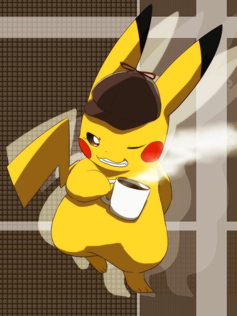 coffee commentary_request cup detective_pikachu full_body great_detective_pikachu:_the_birth_of_a_new_duo hat mug no_humans pikachu pokemon pokemon_(creature) smile solo