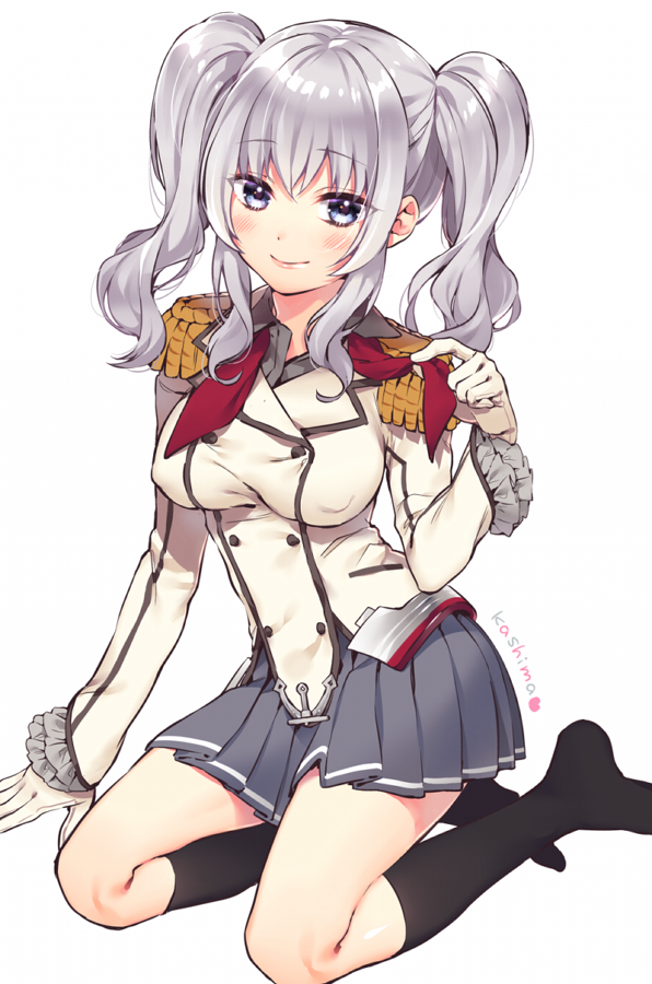 1girl bangs black_legwear blue_eyes blush breasts buttons commentary_request covered_nipples epaulettes frilled_sleeves frills gloves kantai_collection kashima_(kantai_collection) kerchief kneehighs kuroki_(ma-na-tu) looking_at_viewer military military_uniform miniskirt pleated_skirt red_ribbon ribbon sidelocks silver_hair sitting skirt smile solo tsurime twintails twintails_day uniform wavy_hair white_gloves yokozuwari