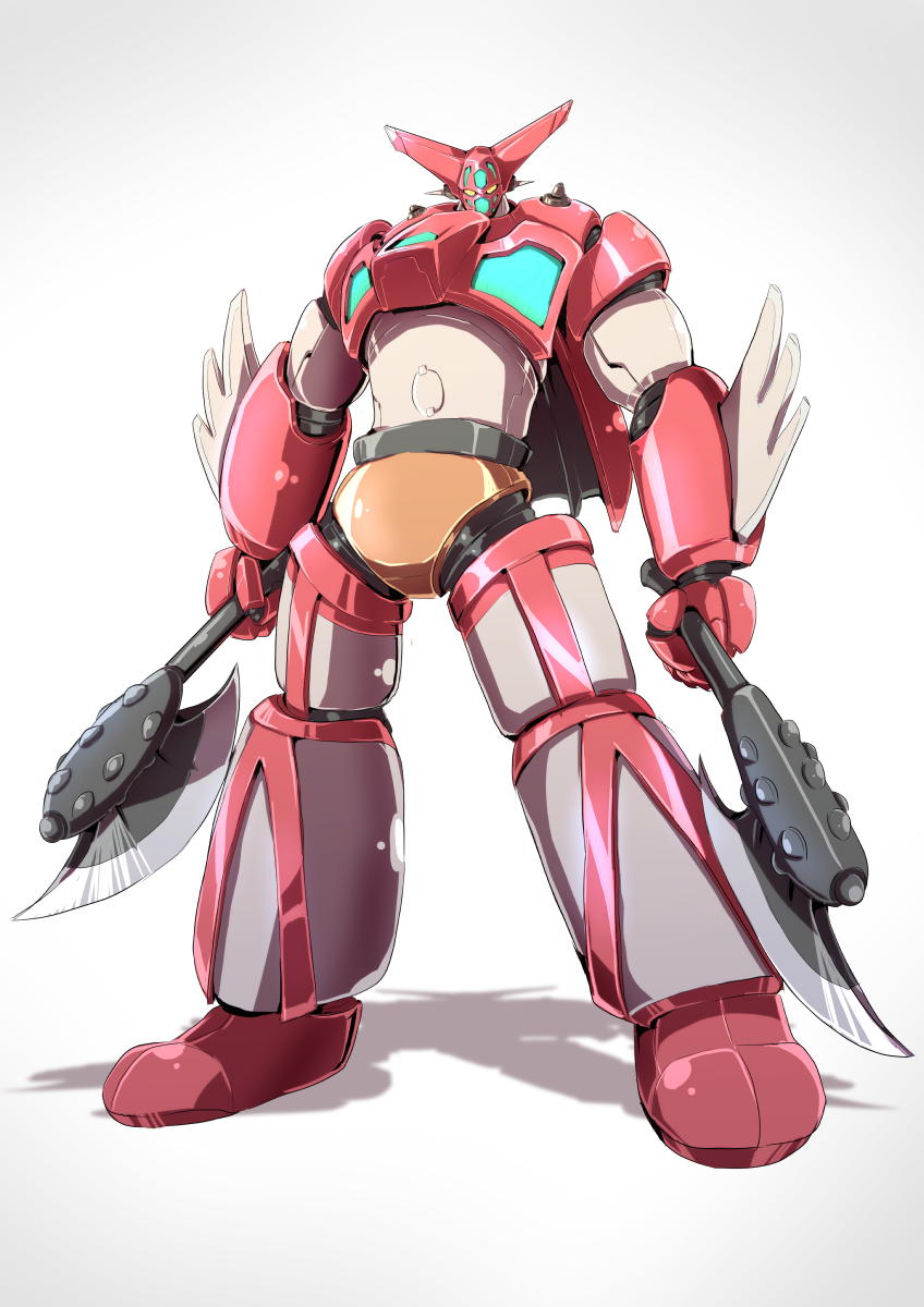 70s axe dual_wielding full_body getter-1 getter_robo glowing highres holding holding_axe holding_weapon looking_at_viewer mecha no_humans oldschool robot sakusakusakurai sitting solo standing super_robot weapon white_background yellow_eyes