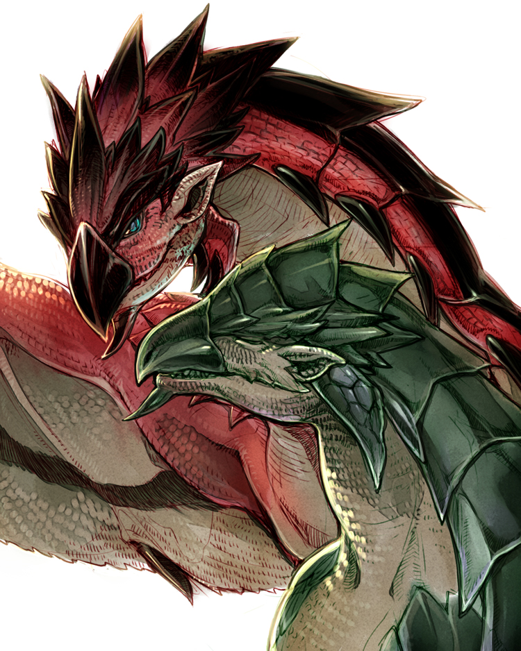 blue_eyes closed_eyes couple hpa_(foolish_factory) monster_hunter no_humans pointy_ears rathalos rathian simple_background upper_body white_background wings