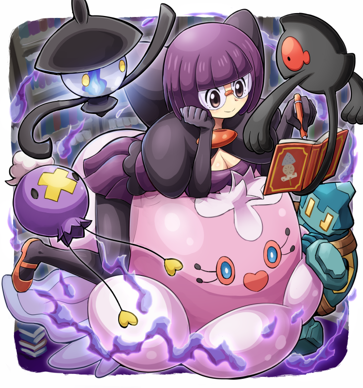 1girl bob_cut book breasts cleavage drifloon glasses gloves golett jellicent lampent pantyhose pen pokemoa pokemon pokemon_(creature) pokemon_(game) pokemon_bw purple_hair purple_skirt shikimi_(pokemon) short_hair skirt smile yamask