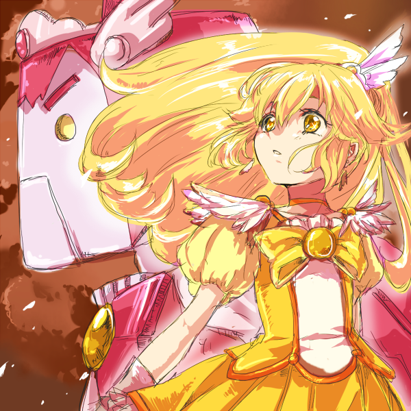 1girl blonde_hair bow brooch brown_background choker cowboy_shot cure_happy cure_peace happy_robo jewelry kise_yayoi long_hair magical_girl mirrrrr precure puffy_sleeves robot skirt smile_precure! yellow_bow yellow_eyes yellow_skirt