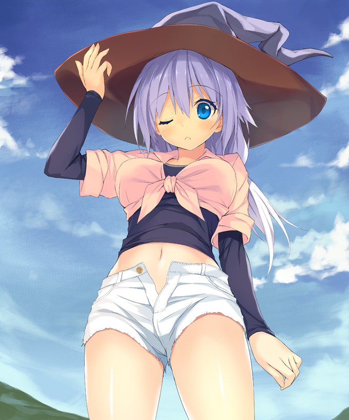 1girl blue_eyes clouds cutoffs from_below front-tie_top hat kibasuke lavender_hair long_hair looking_at_viewer midriff navel one_eye_closed original shorts sky solo unbuttoned witch_hat