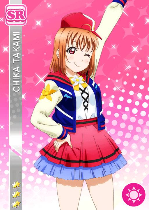 blush character_name jacket love_live!_school_idol_festival love_live!_sunshine!! orange_hair red_eyes short_hair smile takami_chika wink