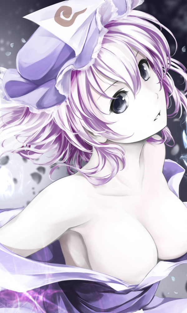 1girl bangs bare_shoulders blurry breasts cleavage collarbone depth_of_field downblouse eyelashes gradient gradient_background grey_eyes hair_between_eyes hat kz_nagomiya looking_at_viewer mob_cap off_shoulder pale_skin petals purple_hair saigyouji_yuyuko short_hair solo touhou triangular_headpiece upper_body