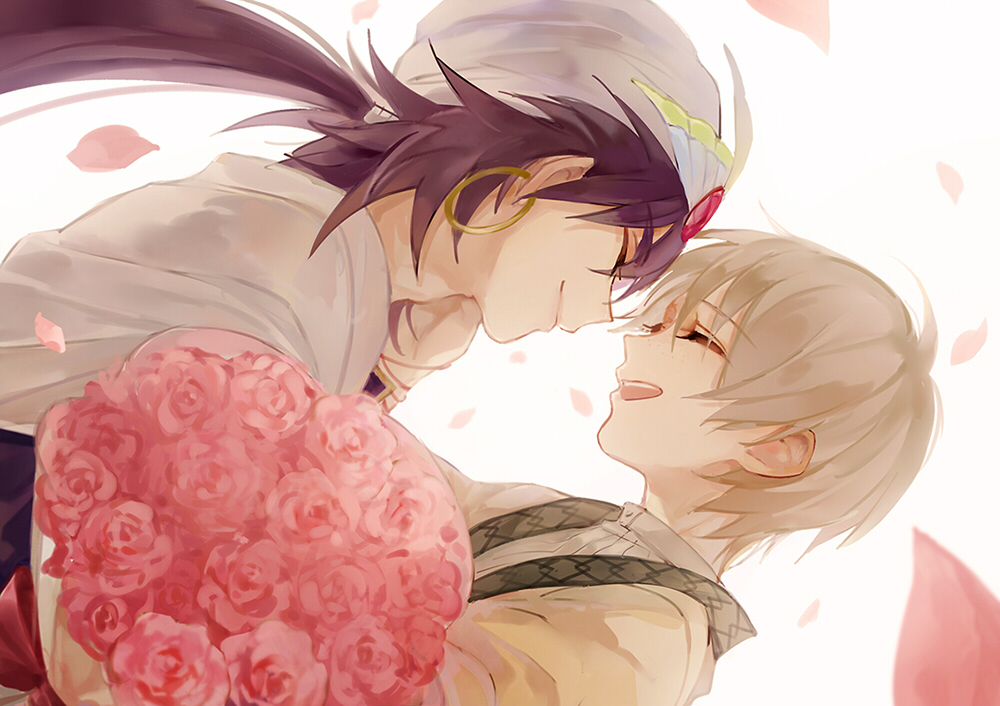 2boys backlighting bouquet closed_eyes earrings flower freckles hand_on_another's_cheek hand_on_another's_face hoop_earrings ja'far jewelry long_hair low_ponytail magi_the_labyrinth_of_magic male_focus multiple_boys open_mouth petals pink_flower ponytail profile purple_hair short_hair sinbad_(magi) smile turban white_background white_hair wonkrin yaoi