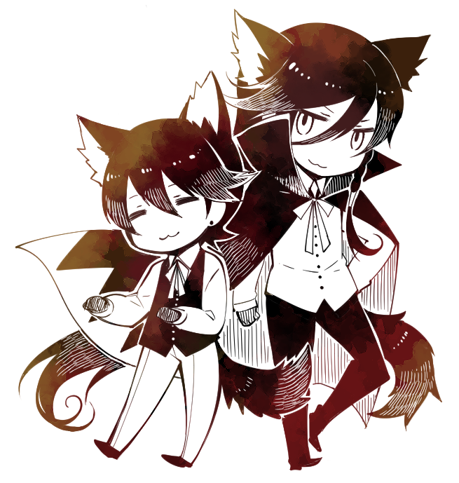 2boys :3 animal_ears braid cape hand_on_hip hanokage horikawa_kunihiro izumi-no-kami_kanesada male_focus monochrome multiple_boys side_braid tail touken_ranbu waistcoat wolf_ears wolf_tail