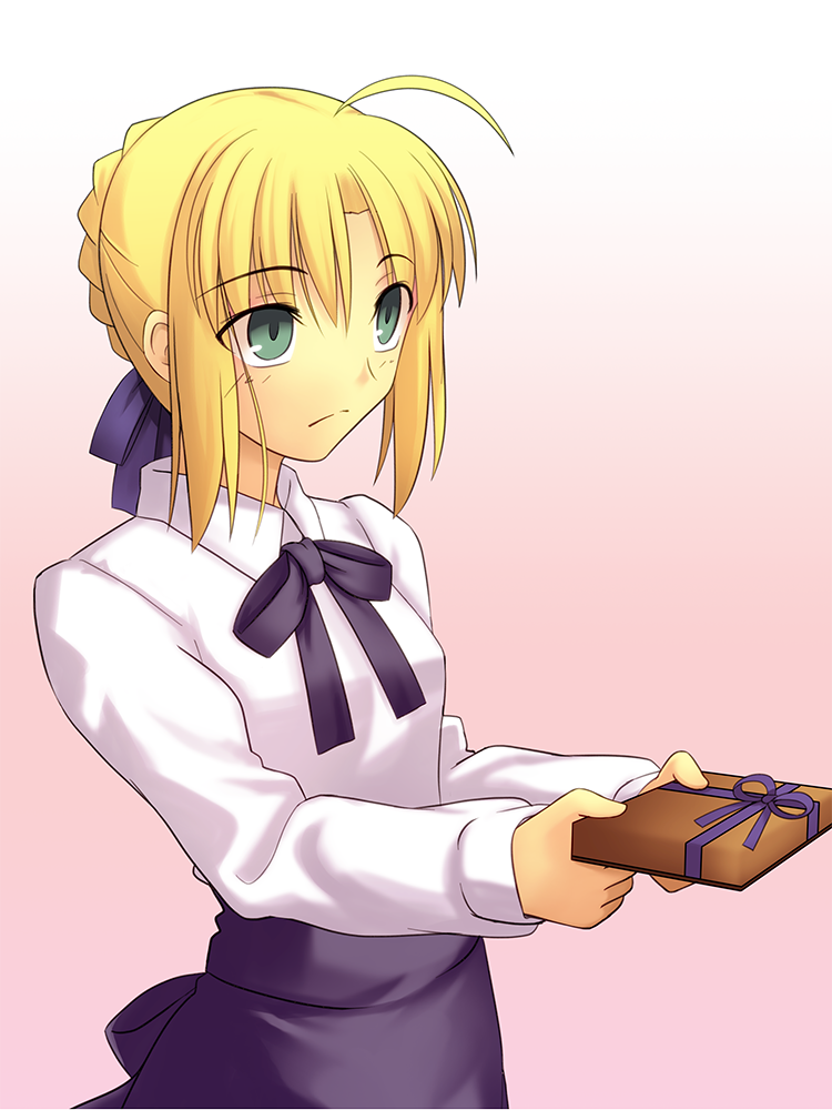 00s 1girl ahoge artoria_pendragon_(all) blonde_hair blouse braid fate/grand_order fate/stay_night fate_(series) green_eyes hair_ribbon migiha pink_background ribbon saber skirt solo type-moon valentine