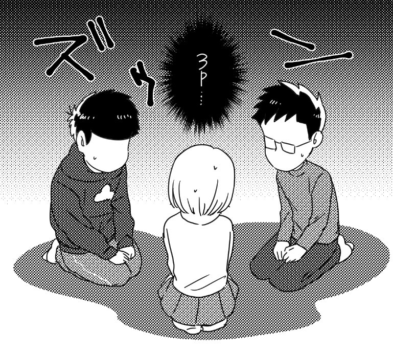 1girl 2boys glasses_boy_(osomatsu-san) greyscale hood hoodie kayoko_(panchlora) matsuno_ichimatsu monochrome multiple_boys osomatsu-kun osomatsu-san seiza short-haired_girl_(osomatsu-san) sitting skirt turtleneck