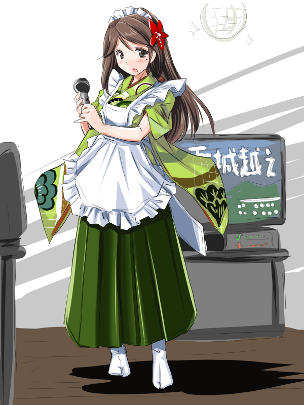 1girl alternate_costume amagi_(kantai_collection) apron brown_eyes brown_hair commentary_request disco_ball enmaided full_body furisode japanese_clothes kantai_collection karaoke kimono looking_at_viewer maid maid_apron maid_headdress microphone mole mole_under_eye obi open_mouth sash solo tatsumi_rei television