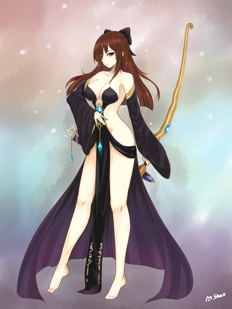 1girl bare_shoulders barefoot bow bow_(weapon) breasts brown_hair cleavage collarbone detached_sleeves hair_bow legs long_hair quiver red_eyes shaojiang sideboob solo source_request weapon
