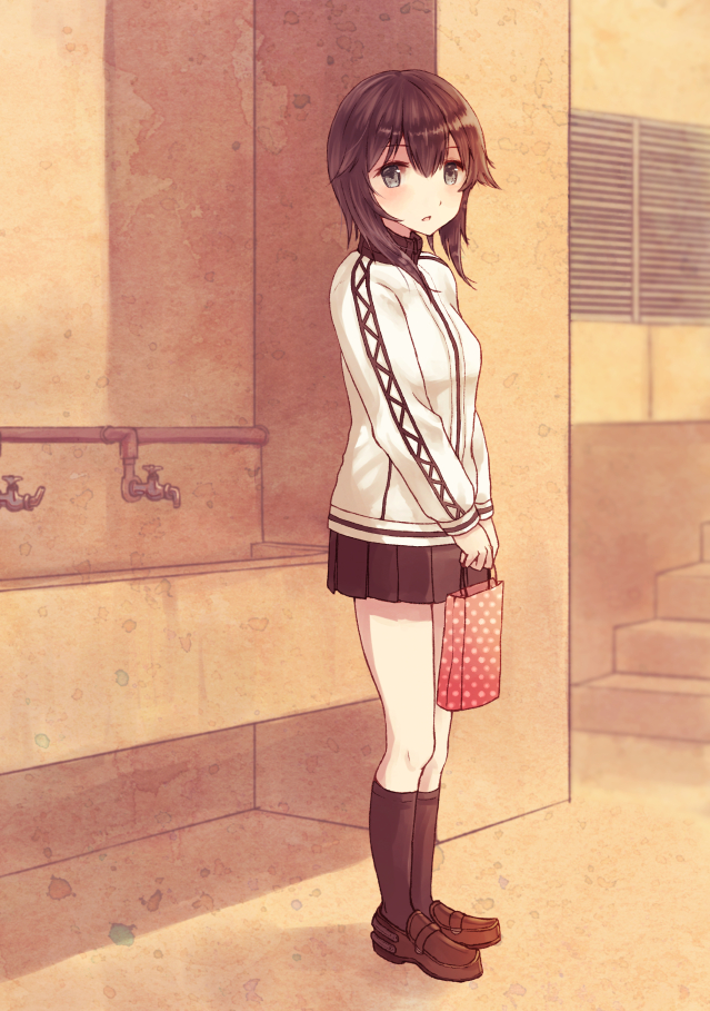 1girl :o bag bangs black_legwear blue_eyes brown_hair gift hayasui_(kantai_collection) holding holding_gift jacket kantai_collection kneehighs legs_together loafers long_sleeves looking_at_viewer miniskirt nagidango paper_bag pleated_skirt polka_dot school_uniform shade shadow shoes short_hair skirt solo stairs standing turtleneck v_arms valentine waiting wall water_pipe