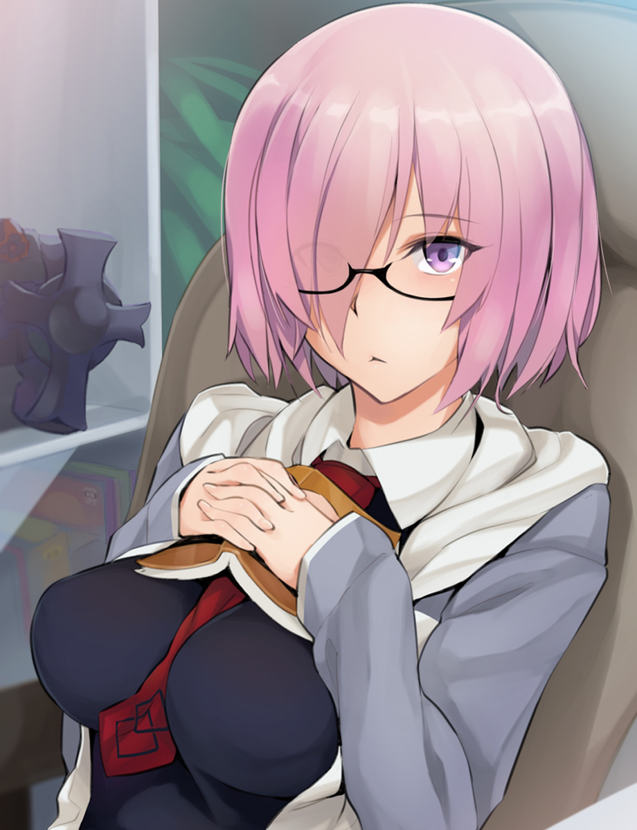 :&lt; black-framed_glasses book bookshelf breasts dom eyes_visible_through_hair fate/grand_order fate_(series) glasses gundam gunpla hair_over_one_eye hands_clasped hood hoodie impossible_clothes impossible_shirt looking_at_viewer mobile_suit_gundam necktie netlk pink_hair shield shielder_(fate/grand_order) shiny shiny_hair shirt short_hair violet_eyes