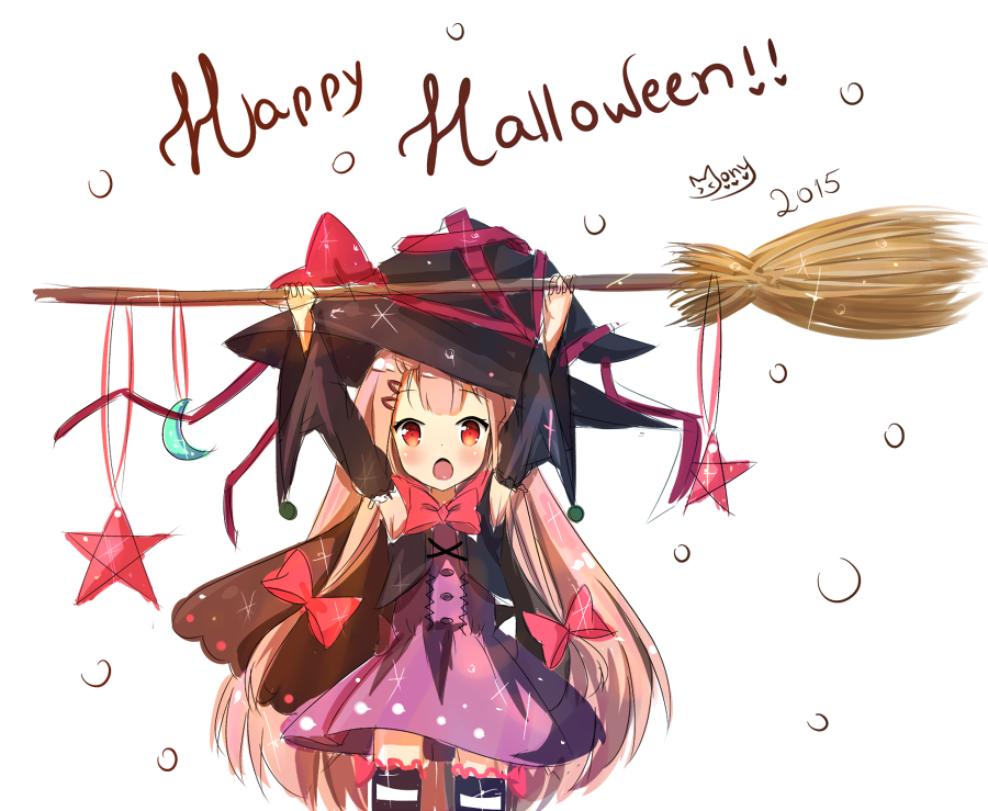 1girl :o arms_up black_hat bow broom child dress hair_ribbon halloween hat long_hair mony open_mouth original pink_hair purple_dress red_eyes ribbon solo white_background witch_hat