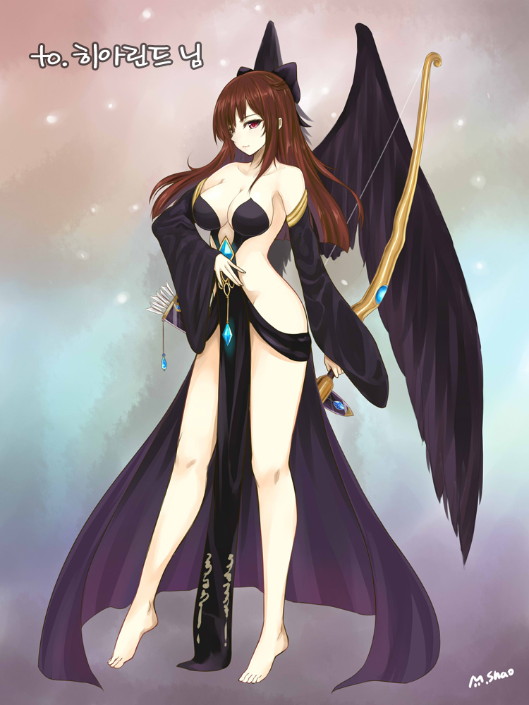1girl bare_shoulders barefoot black_wings bow bow_(weapon) breasts brown_hair cleavage collarbone detached_sleeves hair_bow korean legs long_hair quiver red_eyes shaojiang sideboob solo source_request weapon wings