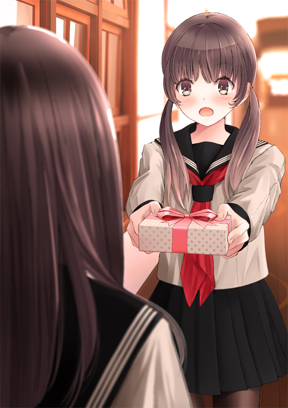 2girls :o back bangs black_skirt blurry blush bow box brown_eyes brown_hair chikuwa_(glossymmmk) commentary_request depth_of_field eyebrows eyebrows_visible_through_hair gift gift_box hair_tie hallway holding_gift long_hair long_sleeves looking_at_another miniskirt multiple_girls original outstretched_arms pink_bow pink_ribbon pleated_skirt polka_dot ribbon school_uniform serafuku skirt twintails valentine white_blouse window yuri