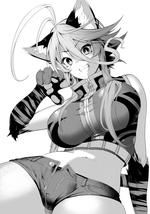 1girl ahoge animal_ears bare_shoulders breasts cat_ears cat_paws cat_tail crop_top grin large_breasts looking_at_viewer midriff navel open_fly original paws short_shorts shorts smile solo tail yagatake_arashi yana_(nekoarashi)