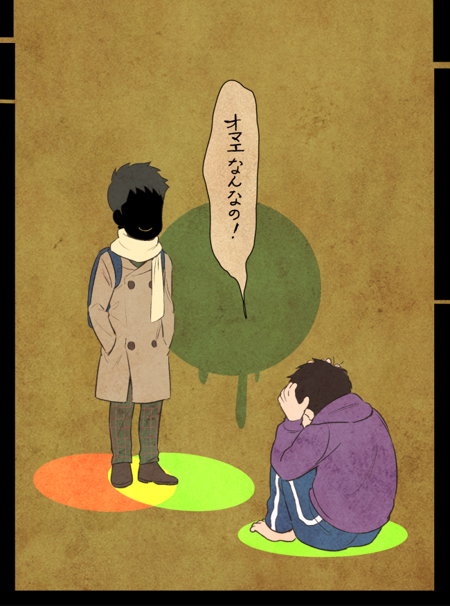 2boys barefoot black_hair brown_background brown_hair circle coat glasses_boy_(osomatsu-san) hands_in_pockets hood hoodie kayoko_(panchlora) male_focus matsuno_ichimatsu messy_hair multiple_boys osomatsu-kun osomatsu-san pants plaid plaid_pants silhouette simple_background sitting smile spiky_hair track_pants translation_request