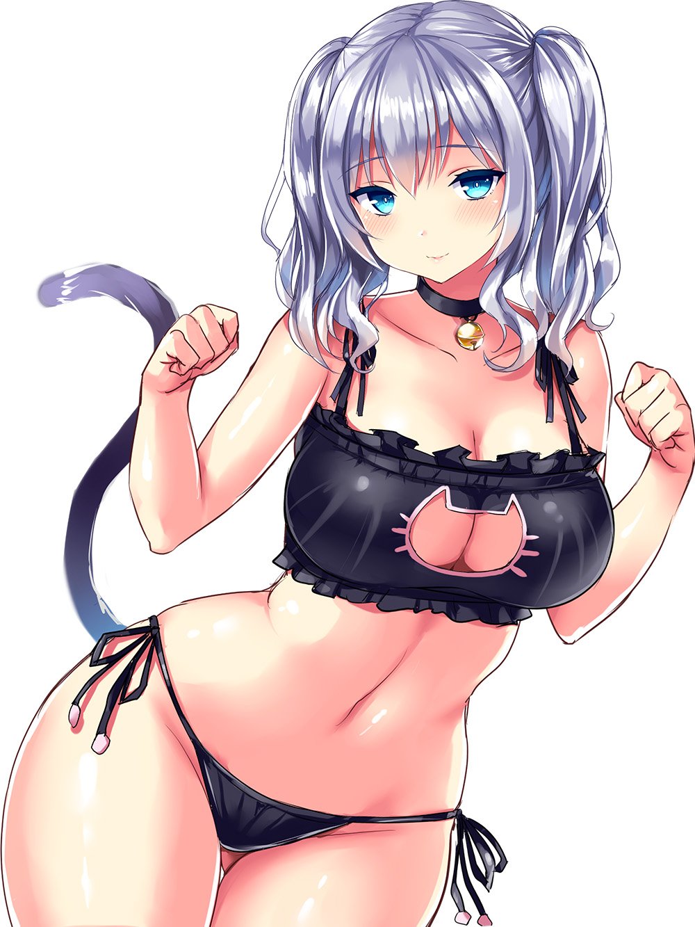 1girl blush bra breasts cat_lingerie cleavage highres huge_breasts kantai_collection kashima_(kantai_collection) long_hair tsukumiya_amane twintails underwear wide_hips