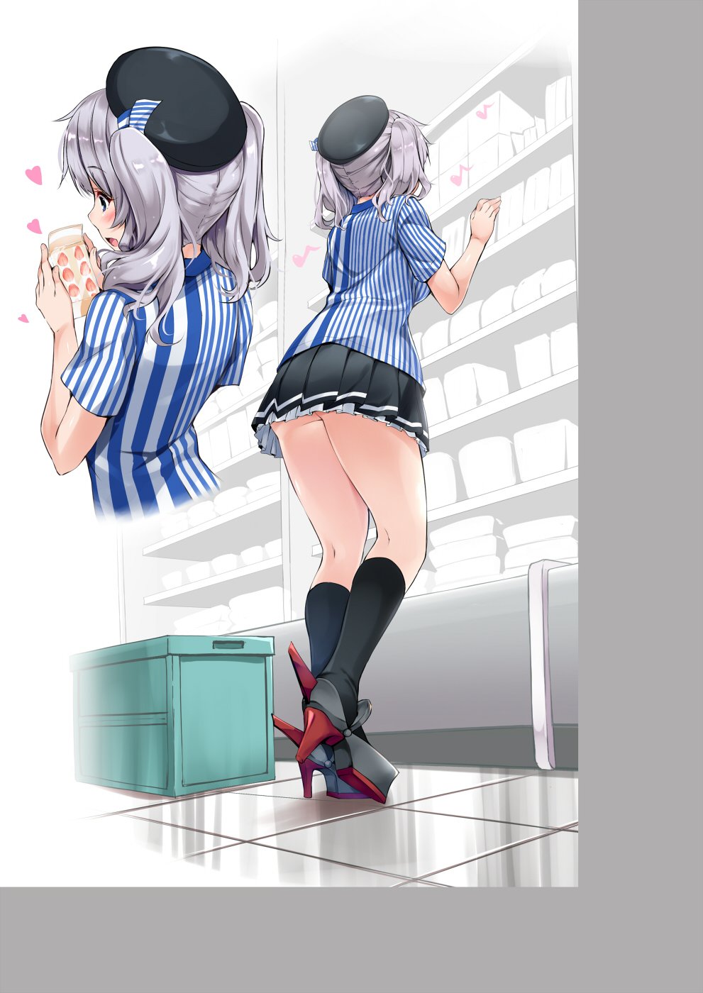 1girl grey_hair hat high_heels highres kantai_collection kashima_(kantai_collection) lawson miniskirt nironiro skirt twintails uniform upskirt