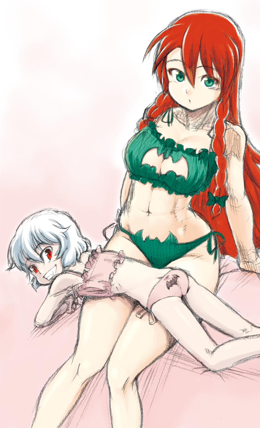 2girls alternate_costume alternate_eye_color arm_support ass bell bell_choker braid breasts cat_cutout cat_ear_panties cat_lingerie choker cleavage_cutout colored_eyelashes fangs flat_chest green_eyes grin hair_between_eyes highres hong_meiling kagehito large_breasts looking_at_viewer lying_on_lap midriff multiple_girls navel no_wings panties pouty_lips red_eyes redhead remilia_scarlet short_hair side-tie_panties sitting slit_pupils smile thighs toned touhou traditional_media twin_braids underwear