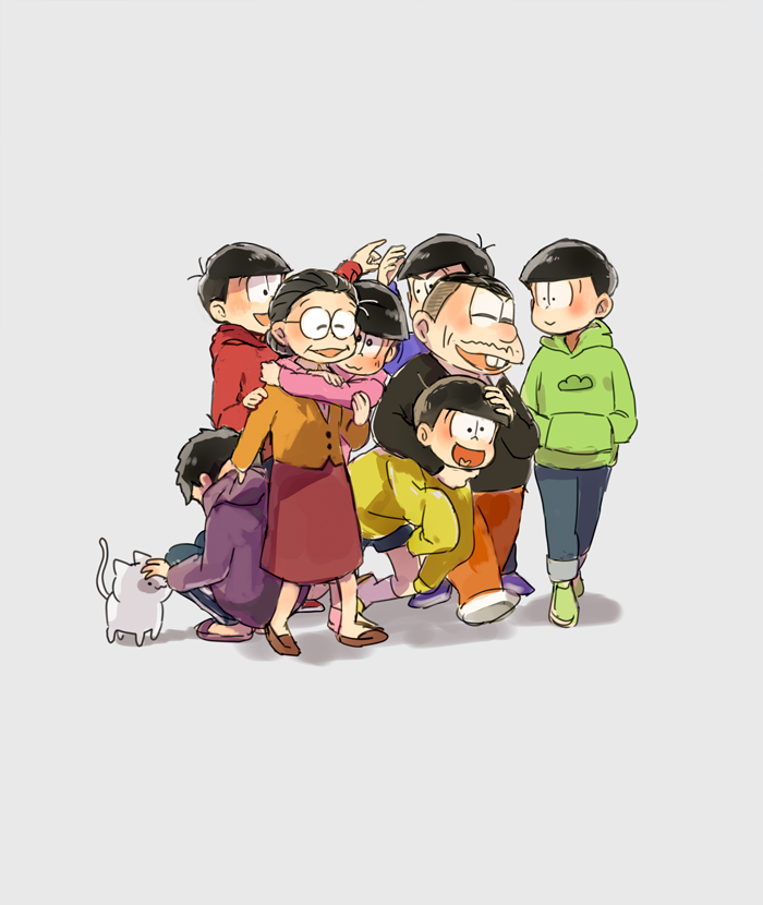 1girl 6+boys :d ^_^ arm_around_neck arms_around_neck back black_hair brothers buck_teeth carrying_under_arm cat closed_eyes clothes_grab facial_hair family flats glasses grey_background grey_hair hair_bun hand_on_another's_head hands_in_pocket heart heart_in_mouth hood hood_down hoodie hug hug_from_behind jacket long_sleeves looking_at_viewer matsuno_choromatsu matsuno_ichimatsu matsuno_juushimatsu matsuno_karamatsu matsuno_matsuyo matsuno_matsuzou matsuno_osomatsu matsuno_todomatsu multiple_boys mustache nuriko-kun open_mouth osomatsu-kun osomatsu-san pants pants_rolled_up reaching sextuplets shorts siblings simple_background sketch skirt sleeves_past_wrists slippers smile socks squatting sweater walking