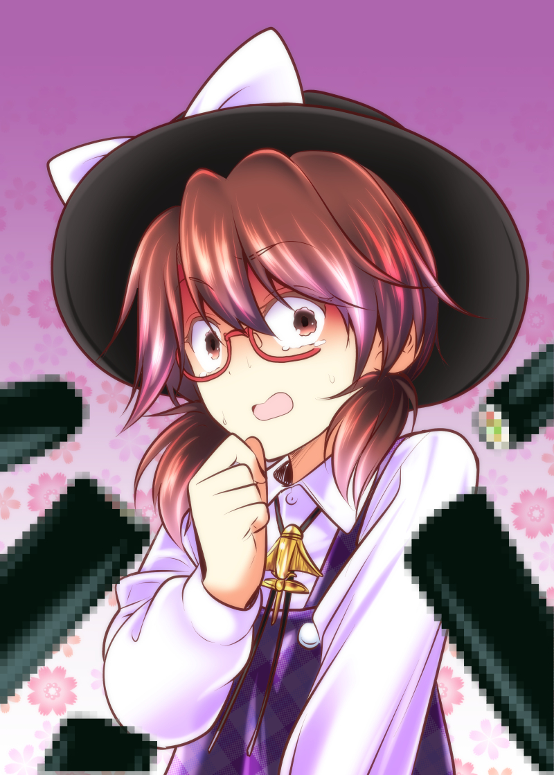 1girl bow brown_eyes brown_hair censored food glasses hat low_twintails makizushi open_mouth plaid red-framed_glasses ribbon satou_yuuki school_uniform sexually_suggestive shirt short_hair skirt solo sushi sweat touhou trembling twintails usami_sumireko