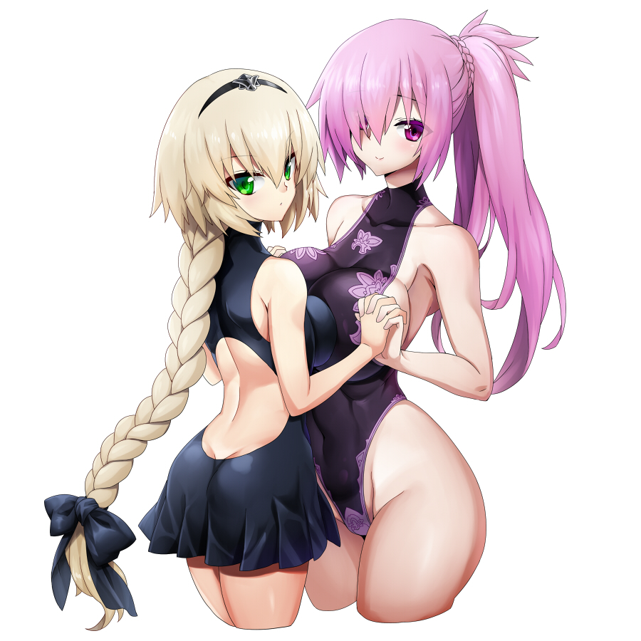 2girls blonde_hair braid breast_press green_eyes hair_over_one_eye hairband highleg highleg_leotard hotori_(sion) leotard long_hair multiple_girls original pink_hair ponytail red_eyes