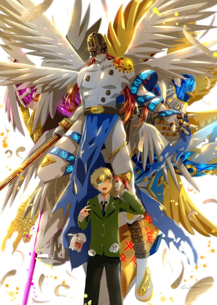 1boy angel_wings angemon blonde_hair blue_eyes digimon digimon_adventure digimon_adventure_tri. digivice magnaangemon patamon poyomon school_uniform seraphimon short_hair staff takaishi_takeru tokomon wings winni