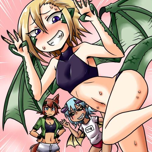 3girls animal_ears aqua_eyes aruse_yuushi black_sclera blonde_hair blue_eyes blue_hair blush breasts brown_hair cleavage demon_girl demon_horns demon_tail demon_wings dog_ears dog_tail draco_(monster_musume) dragon_girl dragon_tail dragon_wings grin hands_on_hips horns lilith_(monster_musume) lowres monster_girl monster_musume_no_iru_nichijou multiple_girls navel pointy_ears polt scales sharp_teeth small_breasts smile sweat sweatband tail teeth wings yellow_eyes