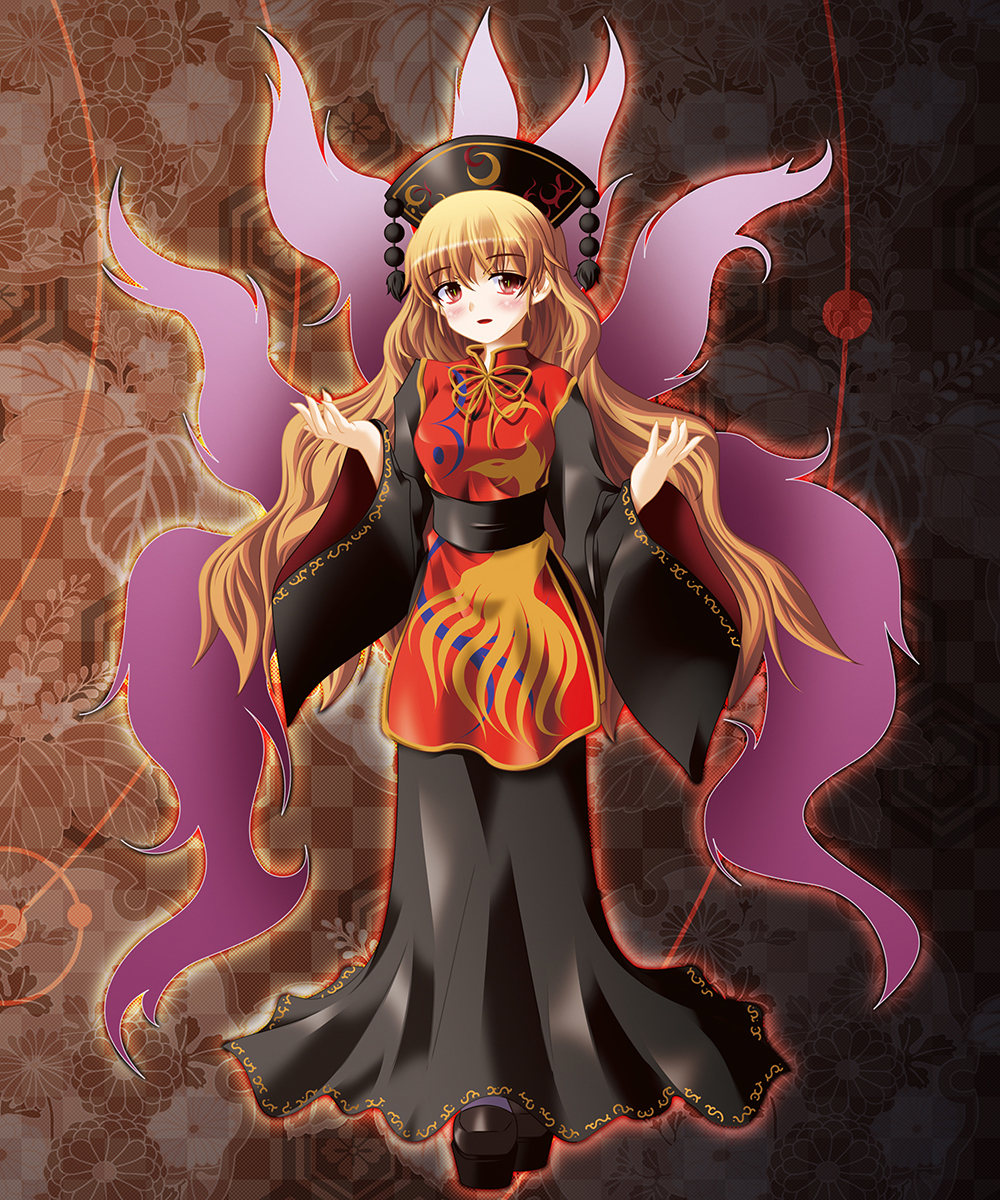 1girl black_dress blonde_hair breasts chinese_clothes dress full_body hat highres junko_(touhou) long_hair long_sleeves open_mouth red_eyes sash side_b smile solo tabard touhou very_long_hair wide_sleeves